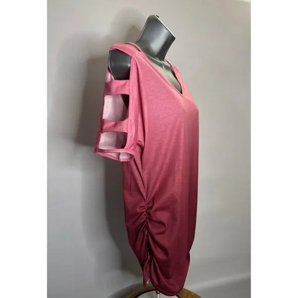 Womens V Neck Short Sleeve Cold Shoulder Cutouts Shirt Light Rose Burgundy, Wine - Picture 2 of 16